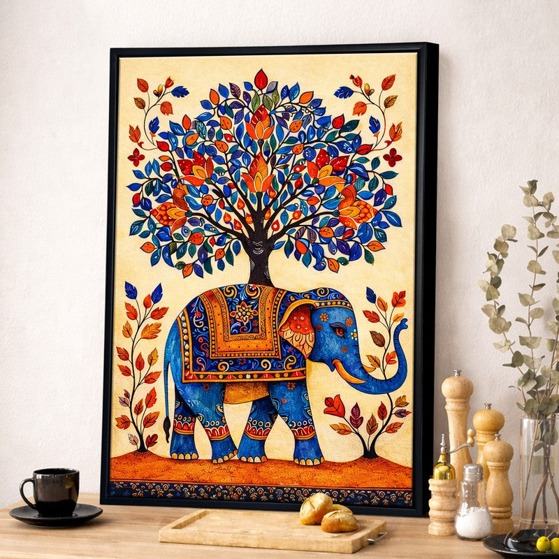 Madhubani Elephant Canvas Wall Painting With Frame media 2