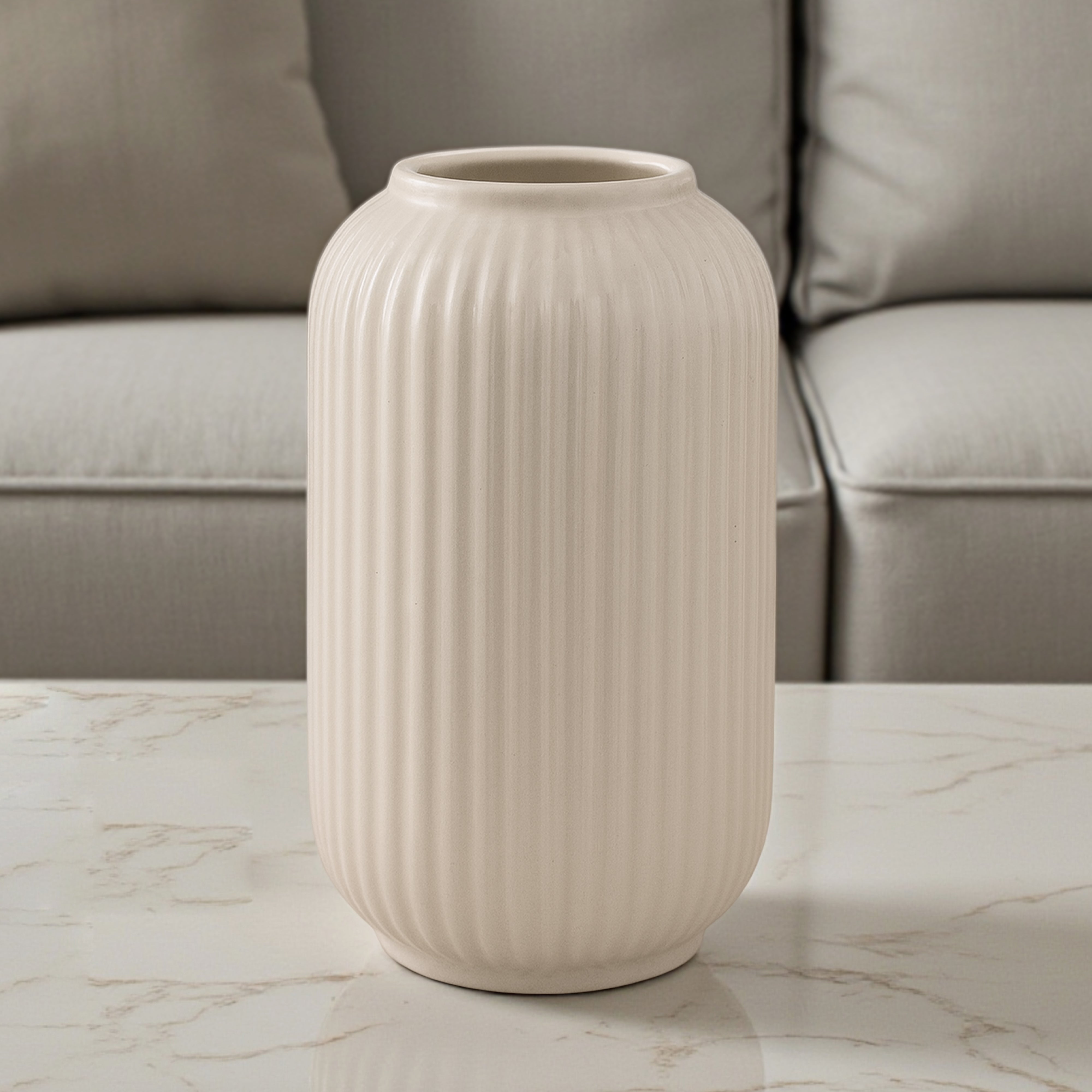 Opulent Ribbed Ceramic Vase - Beige media 4
