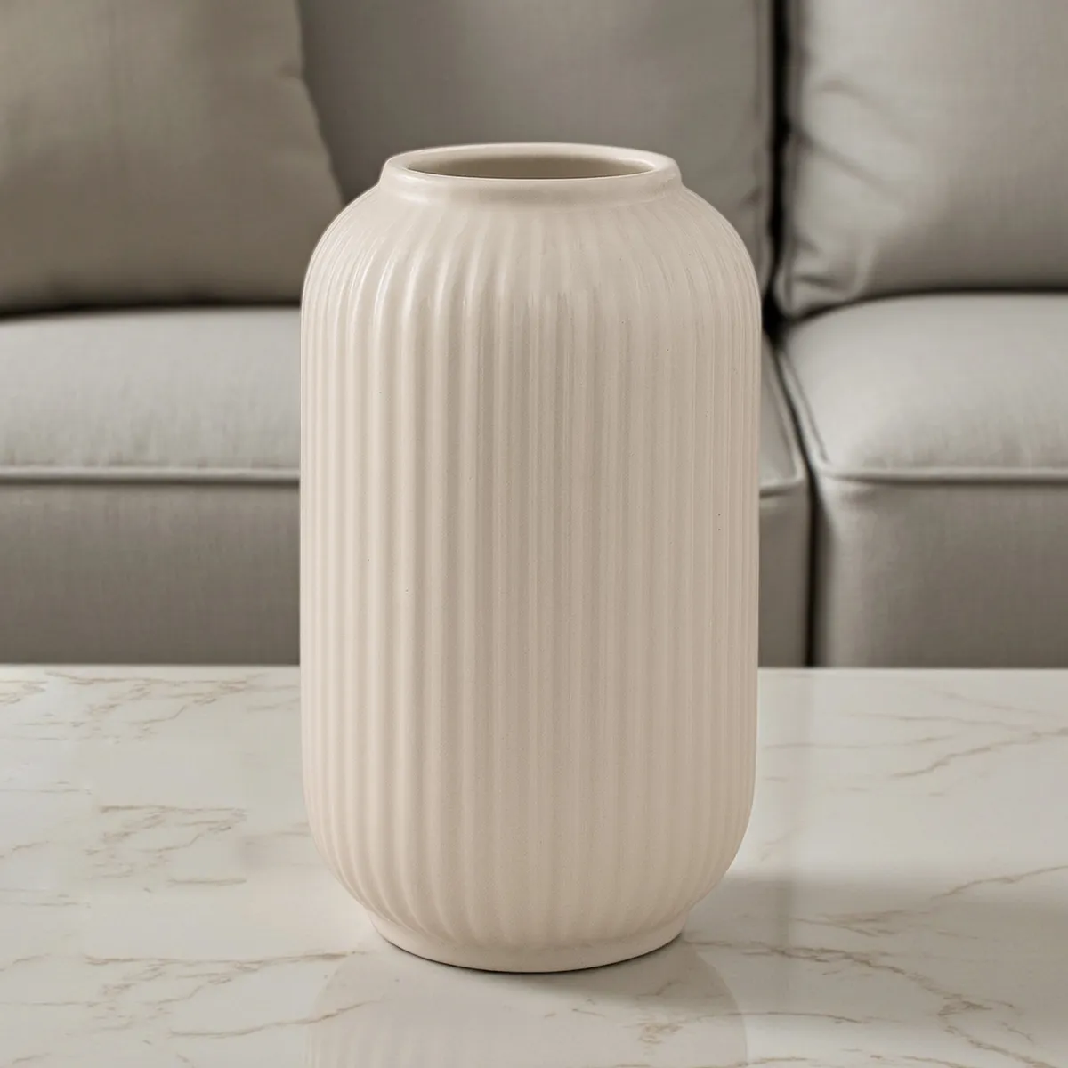 Opulent Ribbed Ceramic Vase - Beige media 4