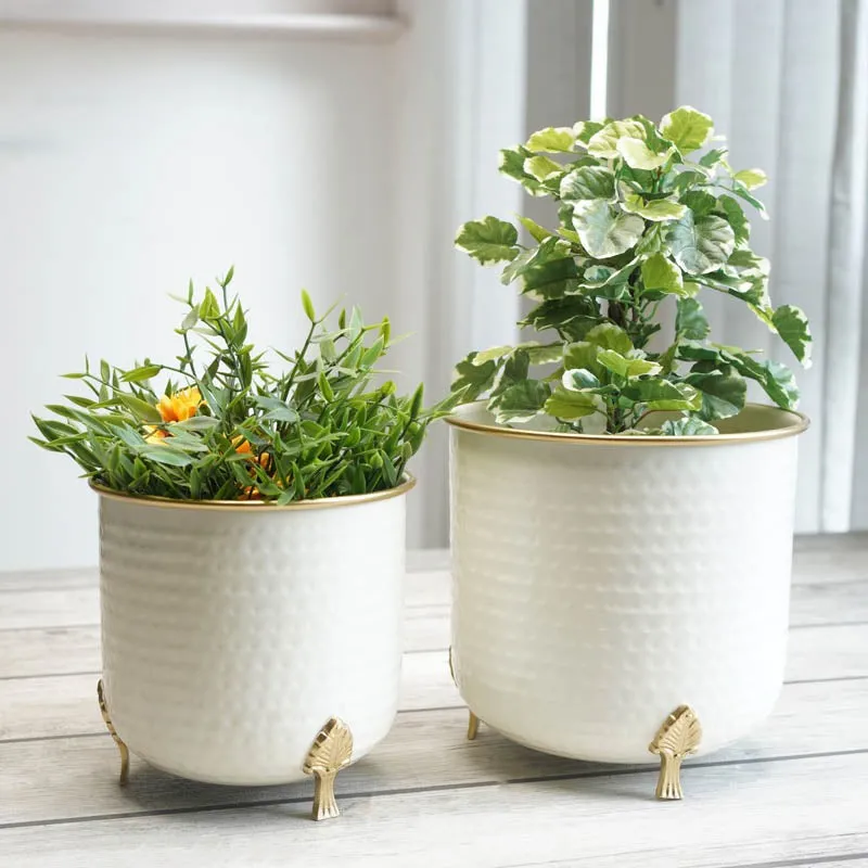Aurea Metal Hammered Gold Rim Leaf leg Planter - Set of Two media 3