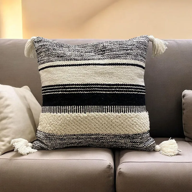 Striped Plush  Tufted Cushion Cover - (Black & White) media 1