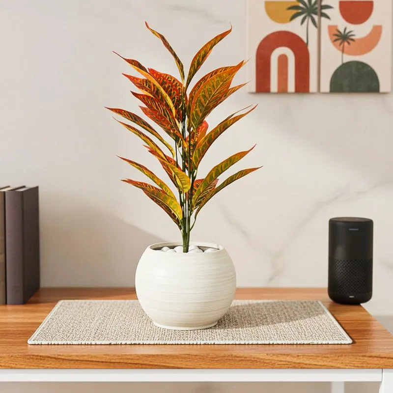 Faux Orange Artificial Croton Plant With Black Plastic Pot - 71 cm (2.3 ft) media 1