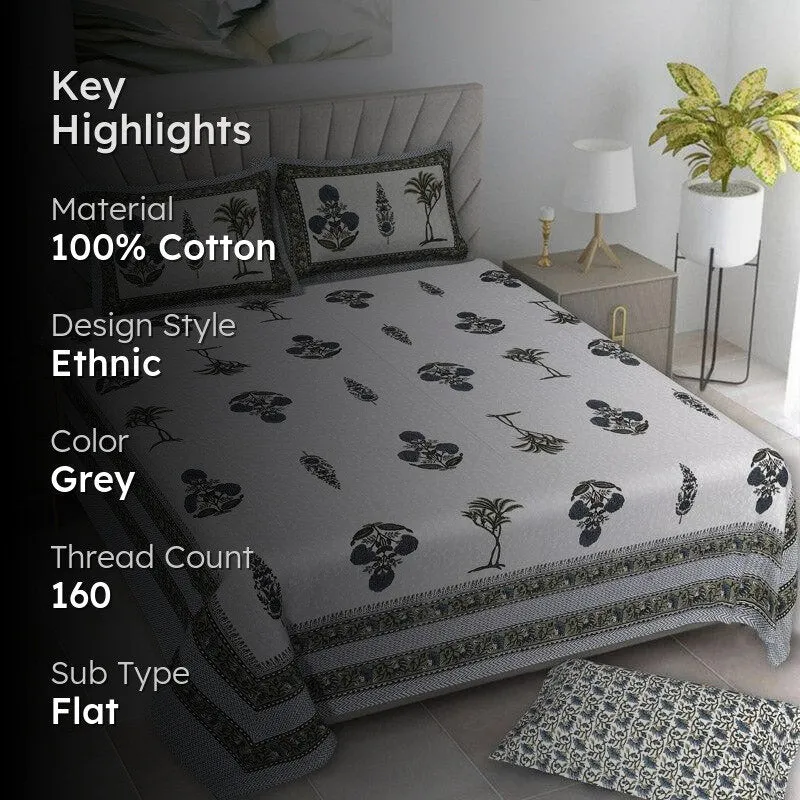 Pamia Ethnic Cotton Bedsheet (Grey) - 160 TC media 2