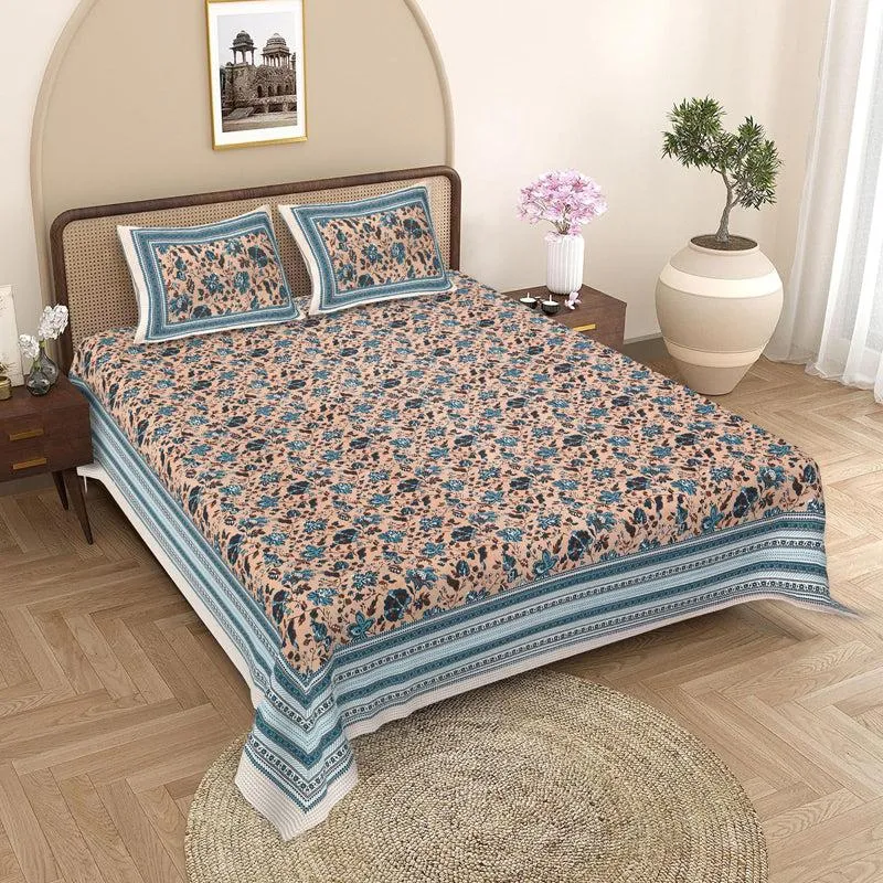 Vishala Ethnic Cotton Bedsheet (Brown,Blue) - 180 TC media 1
