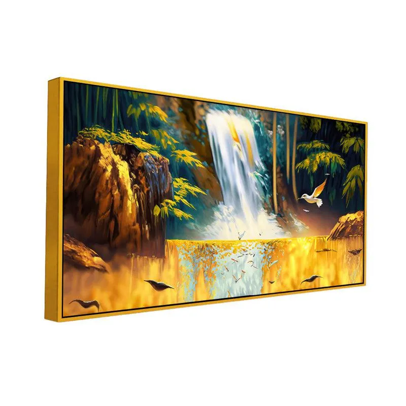 Celetial Golden Waterfalls Landscape Canvas Wall Painting With Frame - Gold media 3