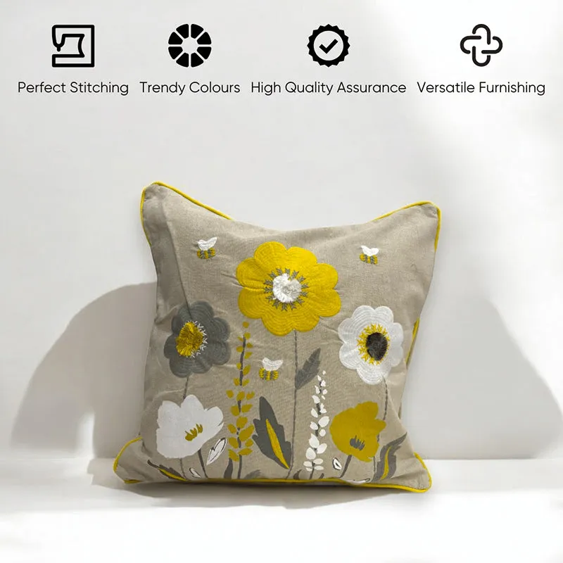 Ochre Flowers Tufted Cushion Cover (Yellow & Grey) - Set Of Five media 3