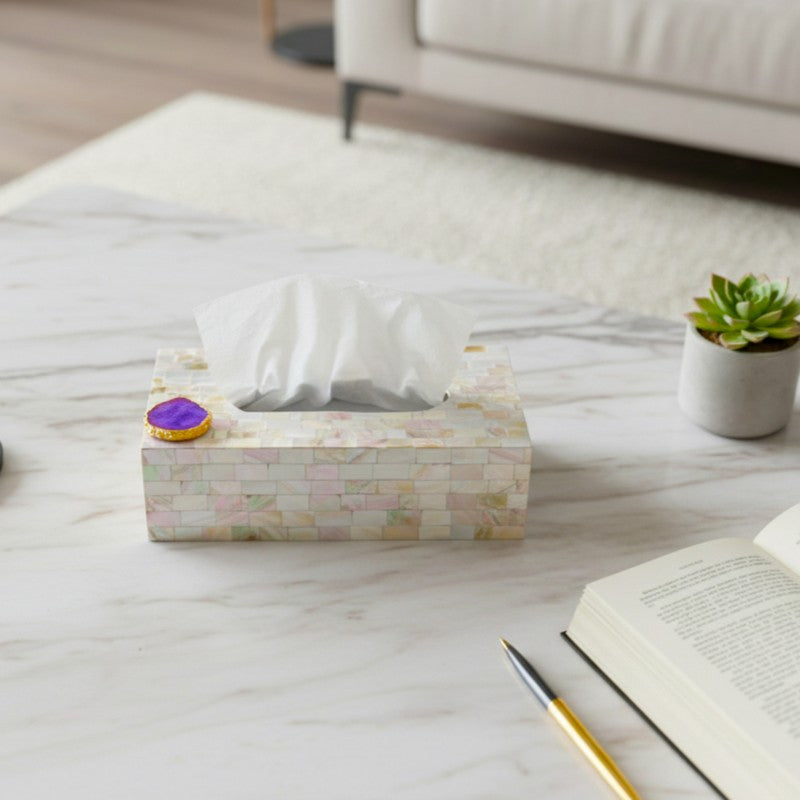Suzzaine Handcrafted Mother Of Pearl & Agate Tissue Box - White & Beige media 2