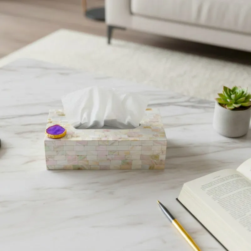 Suzzaine Handcrafted Mother Of Pearl & Agate Tissue Box - White & Beige media 2