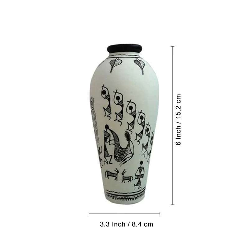 White Warli vase with dimension markers on a plain background