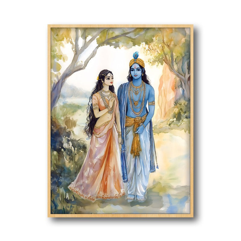 Radha Krishna Spiritual Archival Paper Wall Painting - Natural Brown Frame media 5