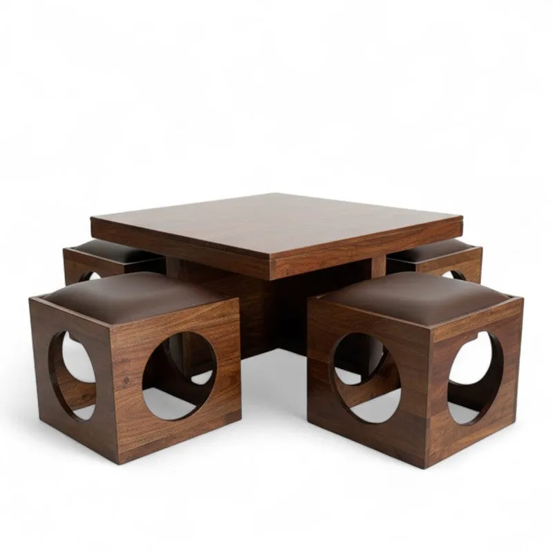Lervon Sheesham Wooden Center Table with Stools (Brown) - Five Piece Set media 5