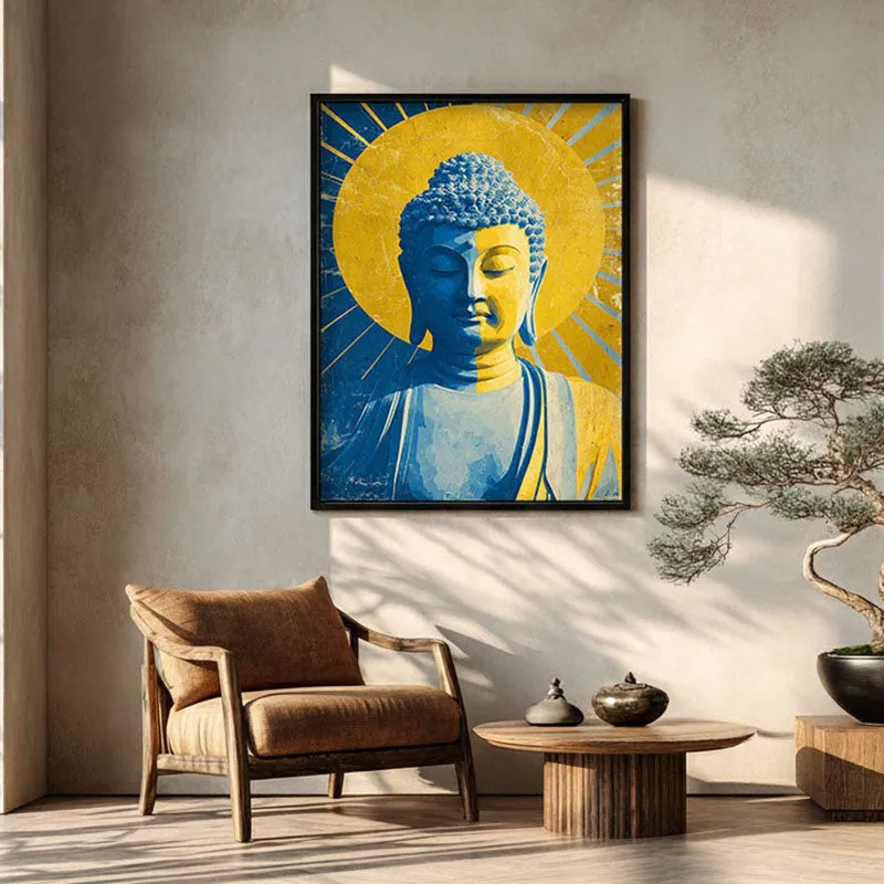 Buddha In Golden Aura I Archival Paper Wall Painting With Black Frame media 1