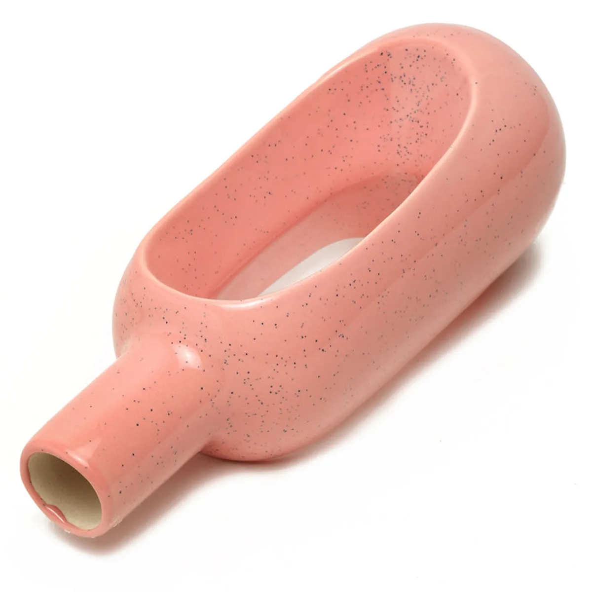 Top angled view of the pink ceramic donut vase