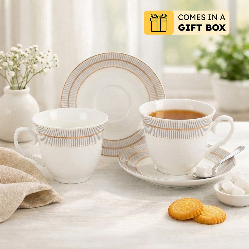 Heritage 24k Gold Brushed Porcelain Tea Cup (300 mL Each) - Twelve Piece Set