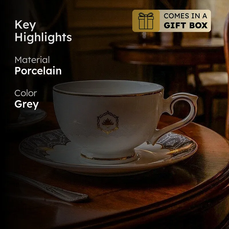 Gilded Legacy 24k Gold Brushed Porcelain Tea Cup & Saucer (Grey/ 280 mL) - Set of Six media 2