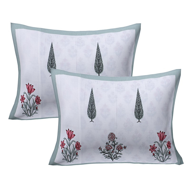 RiwaayatWhite Handblock Printed Cotton Bedsheet (Olive) - 400 TC media 5
