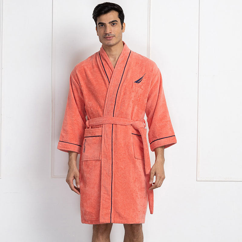 Nautica His & Hers Cashmere Dreams Cotton Bath Robe (Navy Blue & Coral) - Set Of Two media 5
