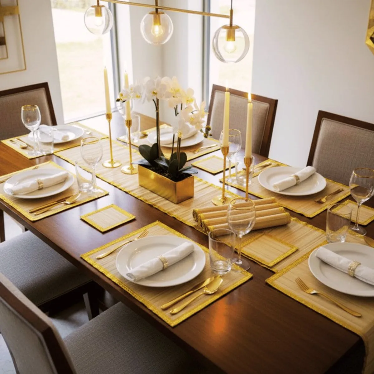 Beige and gold placemats and runner arranged on a dining table