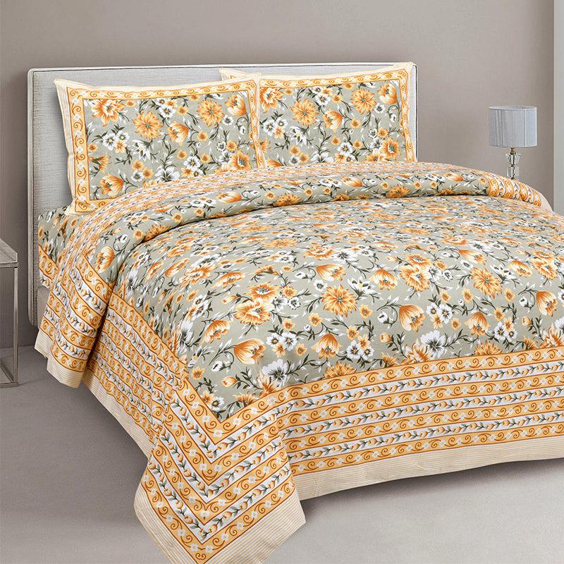 Orkide Floral Cotton Bedsheet (Green,Yellow) - 180 TC