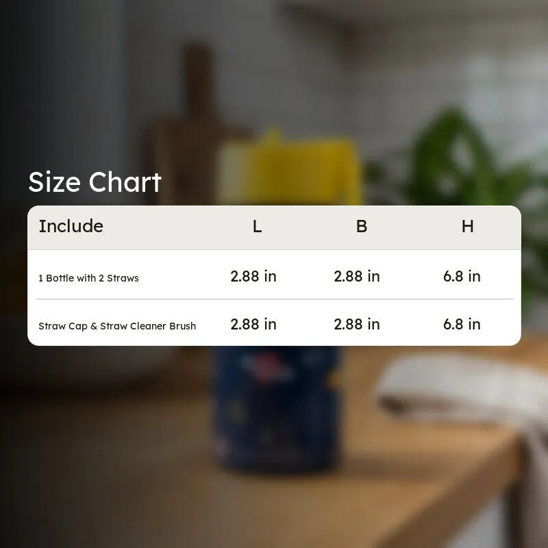 Bottle shown with a size chart graphic overlay