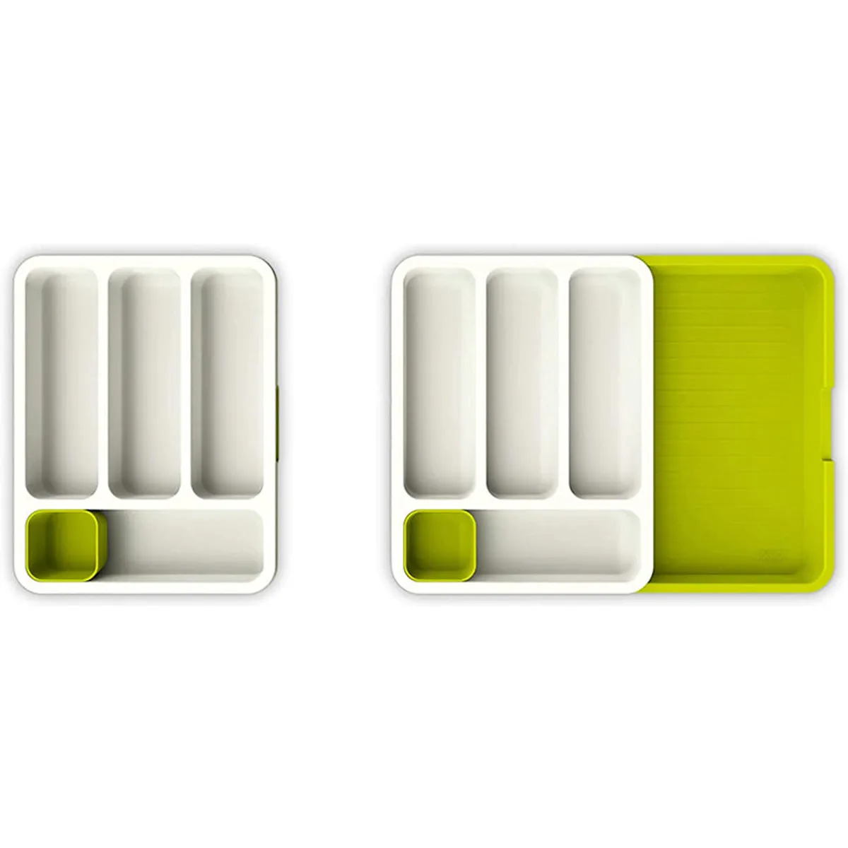 White organiser shown beside its extended lime-green drawer section