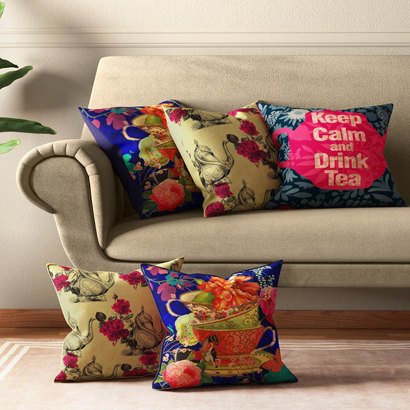 India Circus Botanical High Tea Printed Satin Cushion Cover - Set Of Five - 16 x 16 Inches