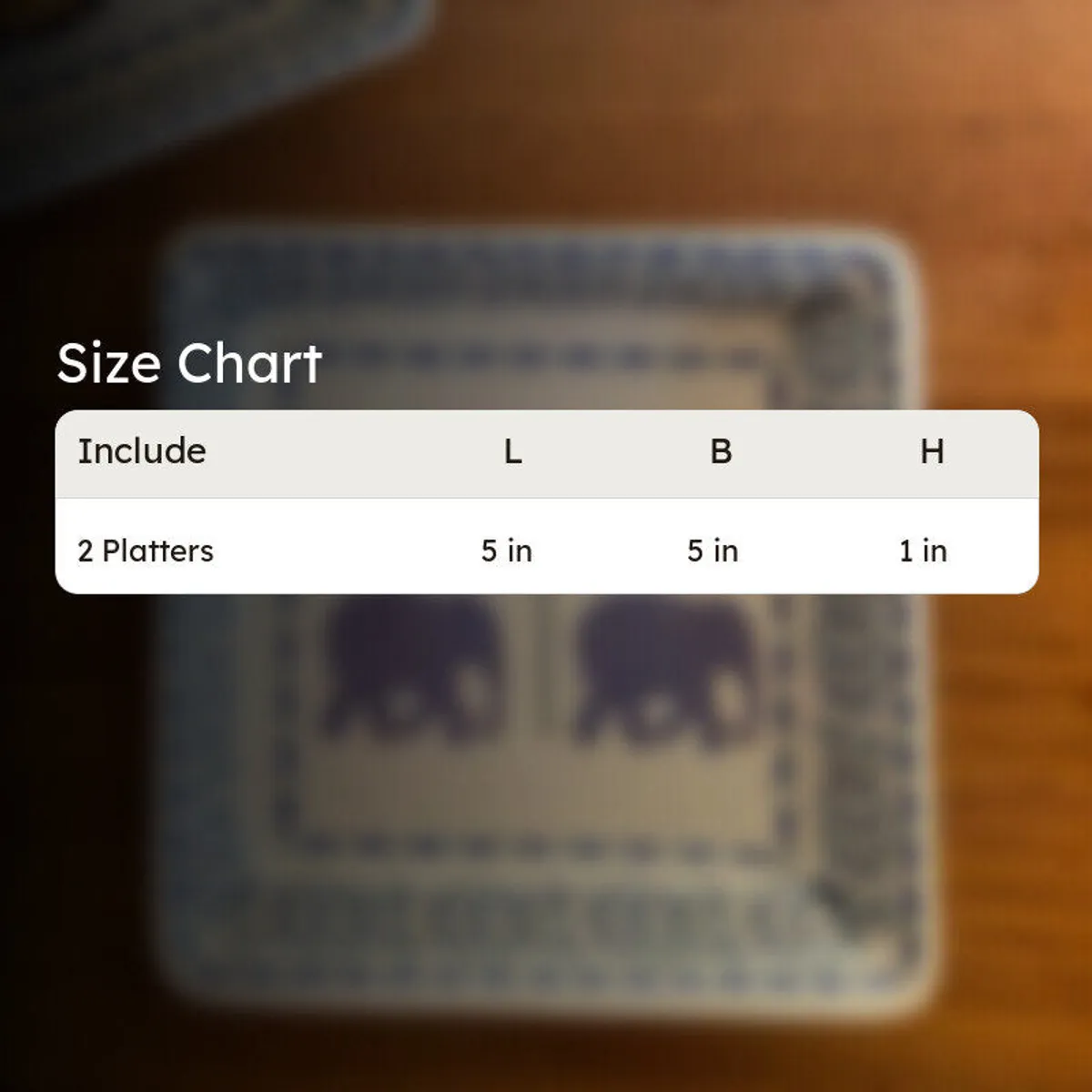 Square platter size chart showing two platters measuring 5 by 5 by 1 inches