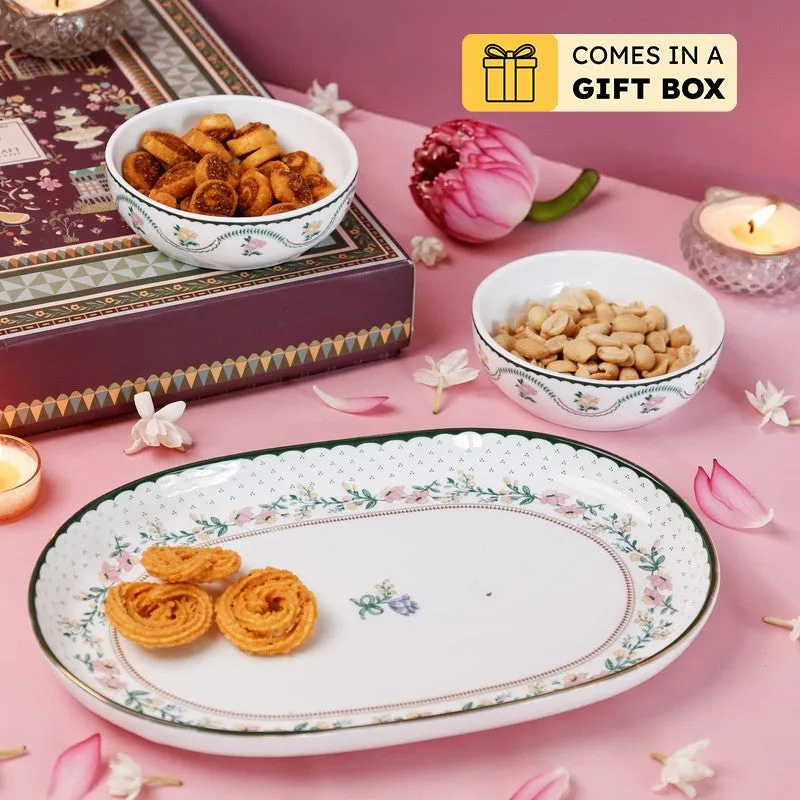 Magique by The Wishing Chair Emerald Ribbon Glow Ceramic Platter & Bowls With Giftbox - Three Piece Set media 1