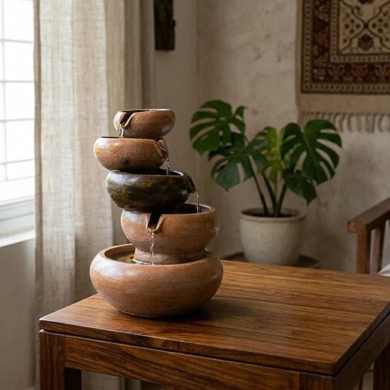 Brown stacked bowl water fountain placed on a wooden table