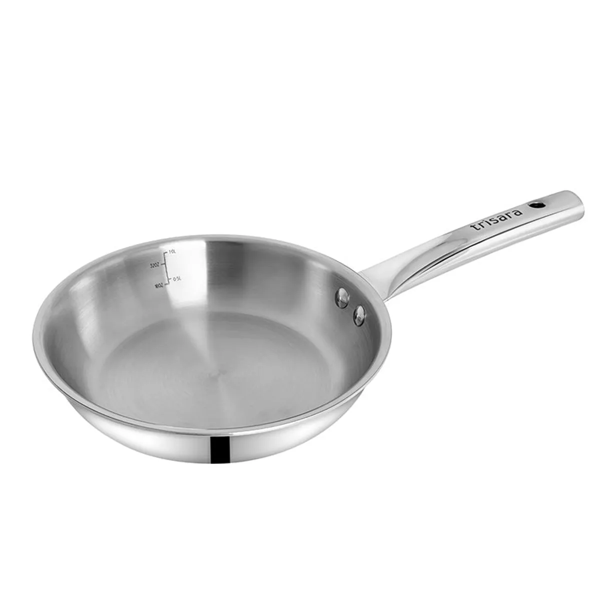 Silver frying pan shown at an angle on a white background