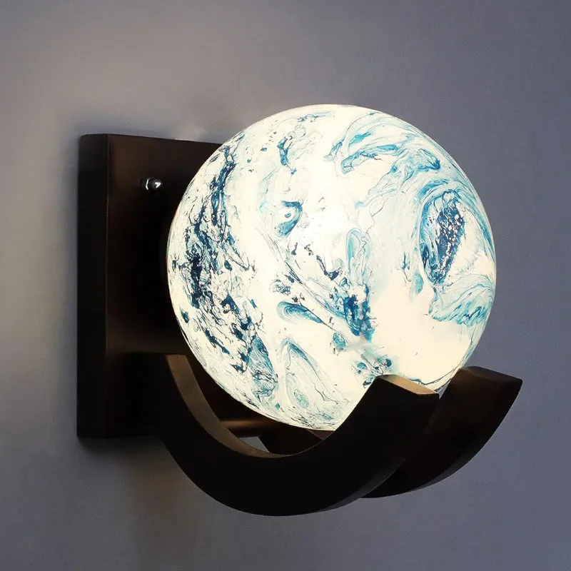 Globe Mosaic Moon LED Glass & Wooden Wall Lamp media 1