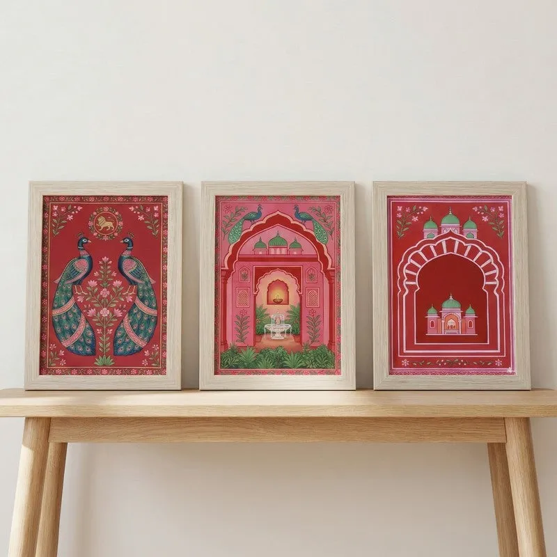 Majestic Mughal Motif Wall Paintinb With Frame - Set Of Three media 3