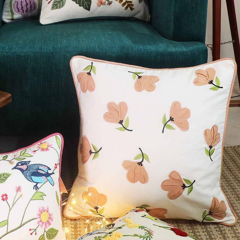 Coral Starflower Embroidered Cotton Cushion Cover
