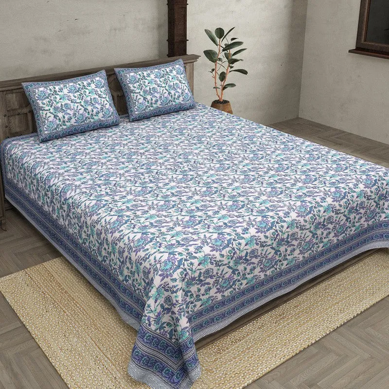 Miksha Floral Cotton Bedsheet (Blue) - 210 TC media 1