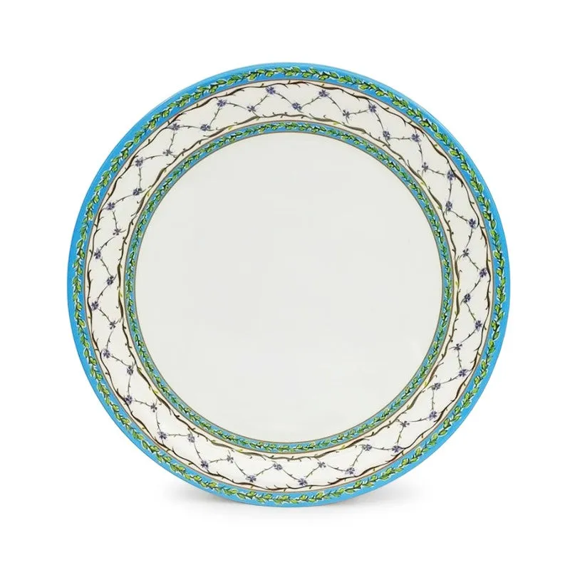 Close-up of a round blue and white patterned dinner plate