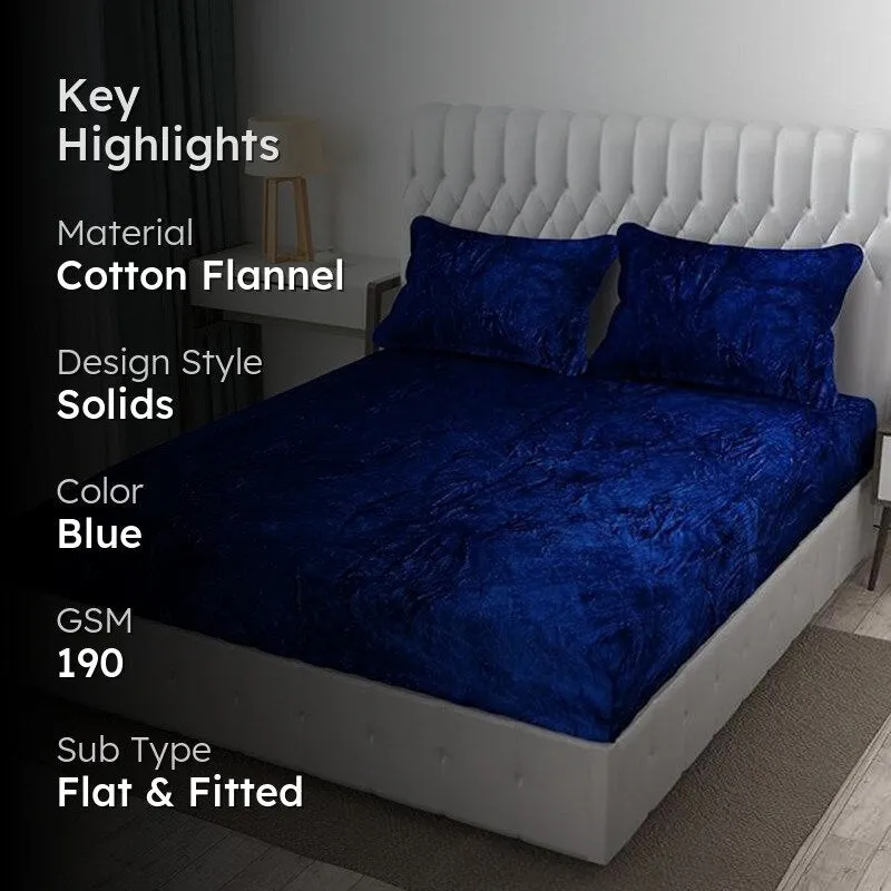 Dark blue bedsheet on a bed with text overlay showing key highlights