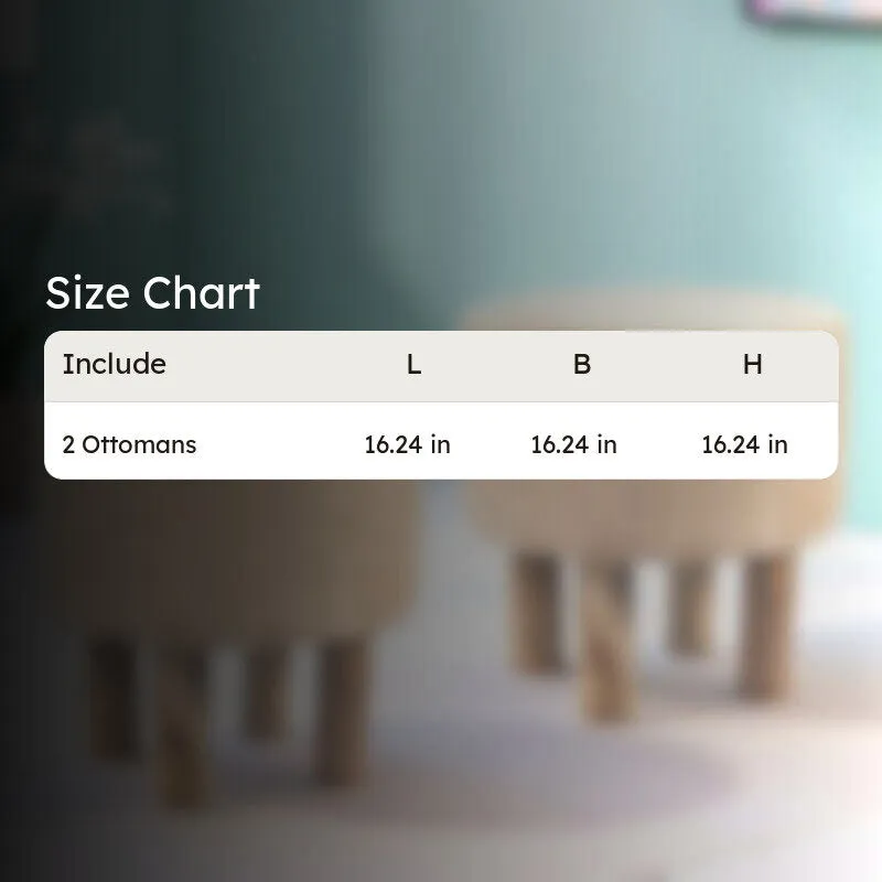 Size chart graphic showing dimensions for a set of two ottomans
