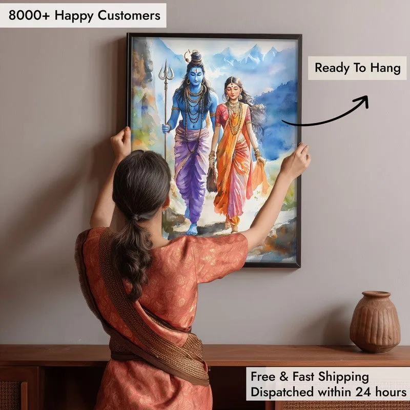 Uma Maheshwara Spiritual Archival Paper Wall Painting With Frame - Black media 6