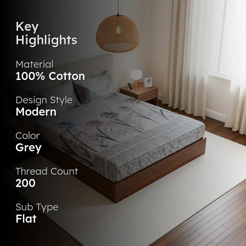 Hayat Floral Cotton Bedsheet (Grey) - 200 TC media 2
