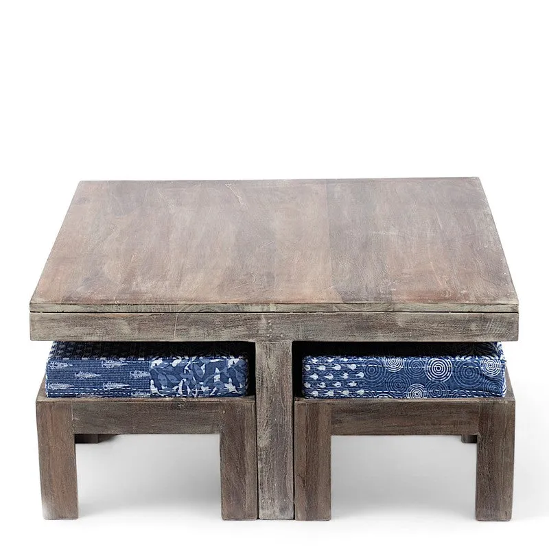 Exiron Sheesham Wooden Center Table with Stools and Cushions (Grey,Blue) - Nine Piece Set media 5