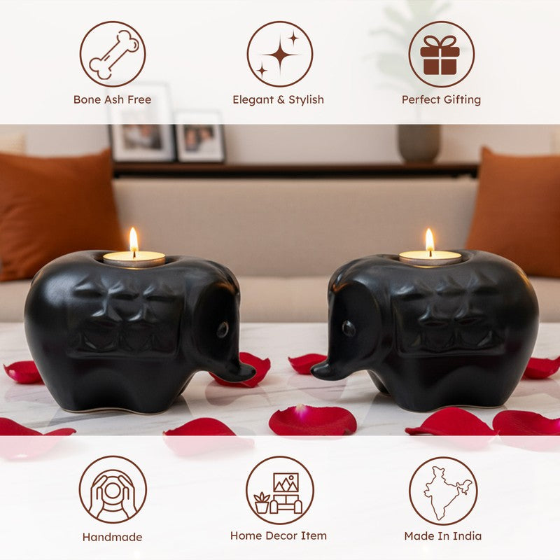 Ebony Elephant Ceramic Tea Light Candle Holders (Black) - Set Of Two media 6