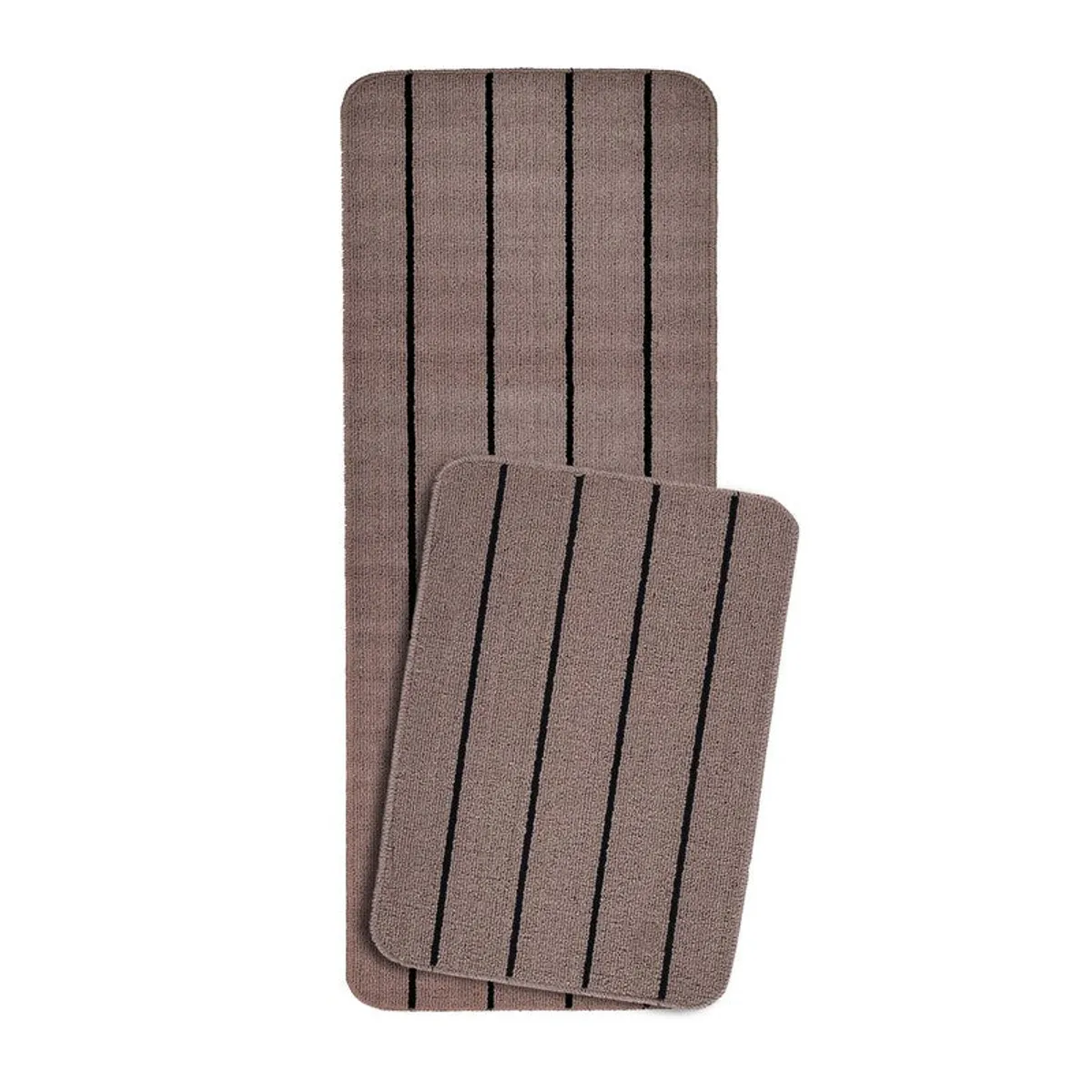 Two beige mats with black vertical stripes shown together