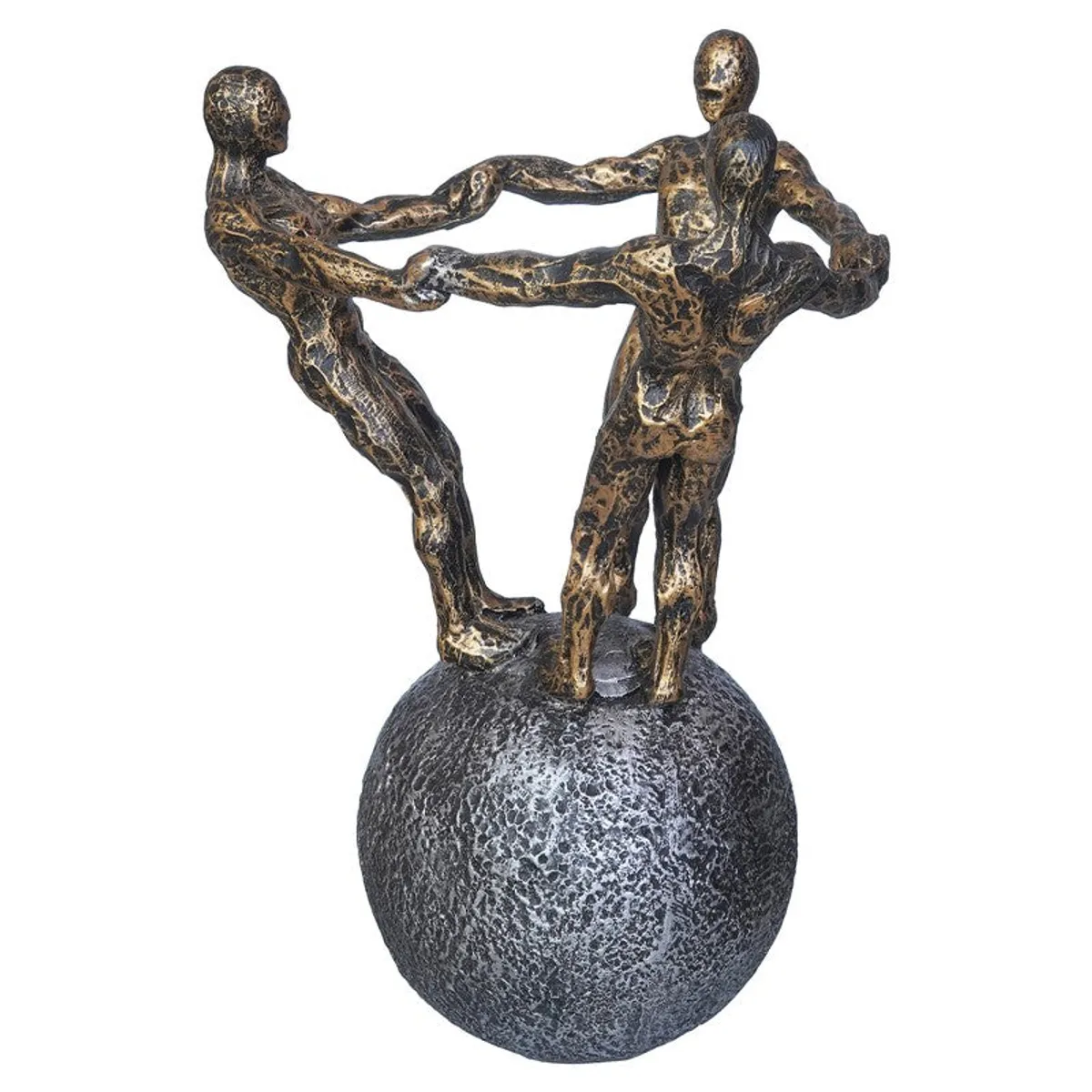 Angled rear view of figurative sculpture on textured sphere base