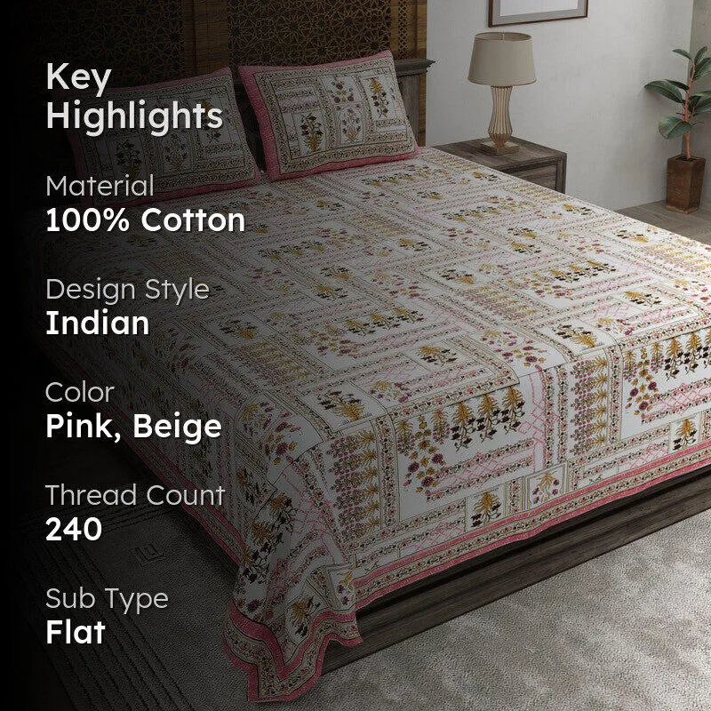 Designet Cotton Bedsheet (Pink,Beige) - 240 TC media 2
