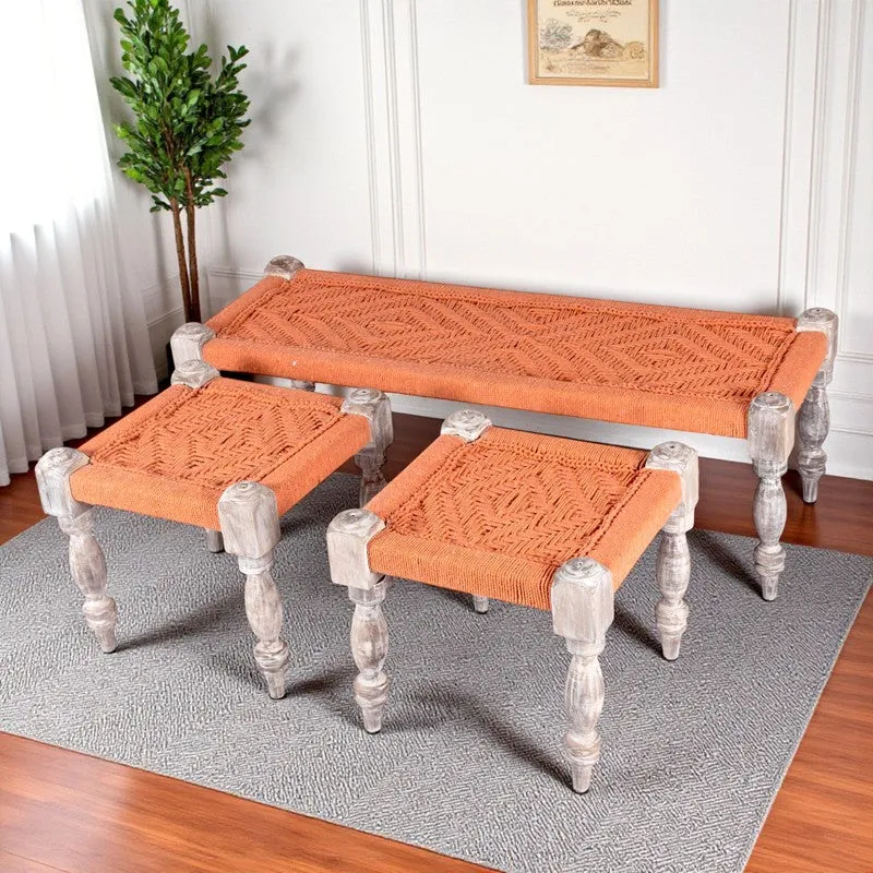 Crixo Sheesham Wooden Bench with Stools (Orange) - Three Piece Set media 1
