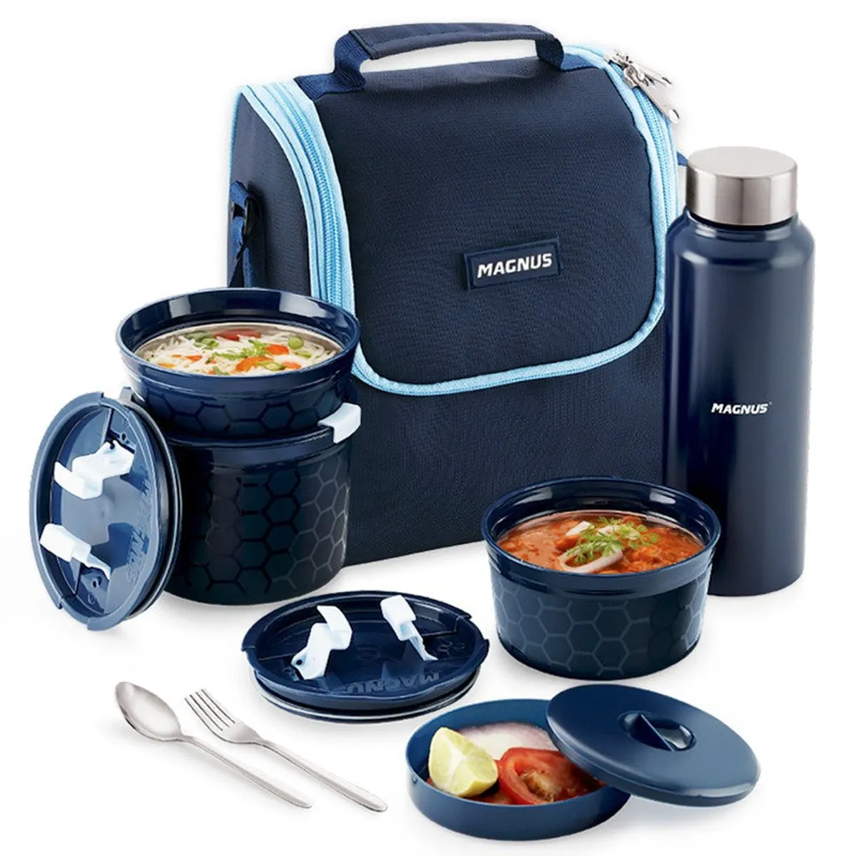 Blue lunch bag, steel bottle and dark blue meal containers displayed together