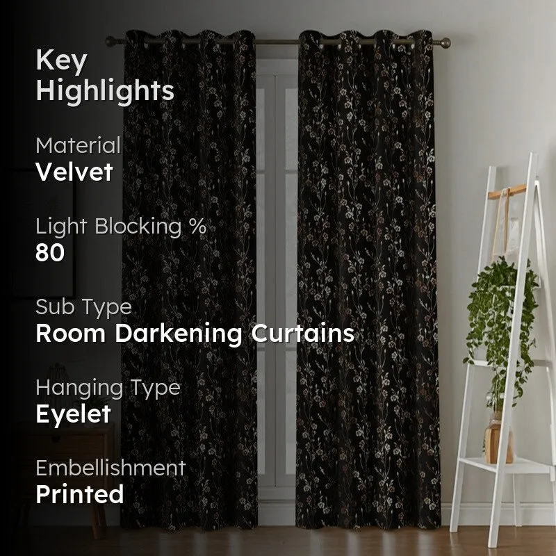 Glow Touch Printed Velvet Curtains (Black,Gold) - Set Of Two media 2