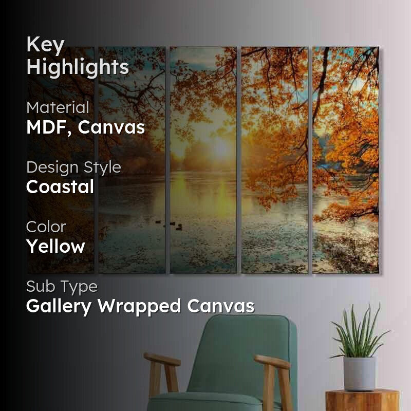 Lakeside Autumn Sunrise Canvas Wall Art - Five Piece Set media 2