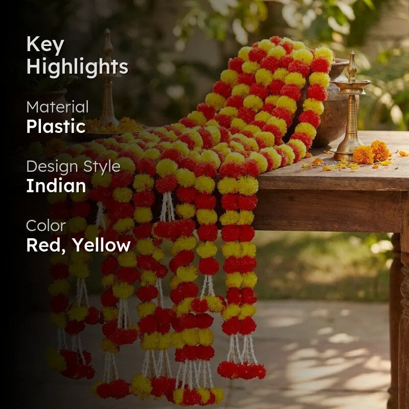 Red and yellow toran set displayed with decor accents and highlight text overlay