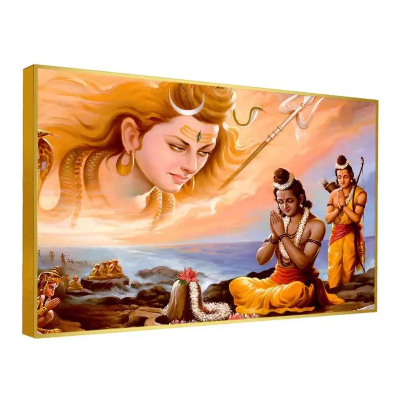 Shiva Dharshan Spiritual Canvas Wall Painting With Frame - Gold media 3
